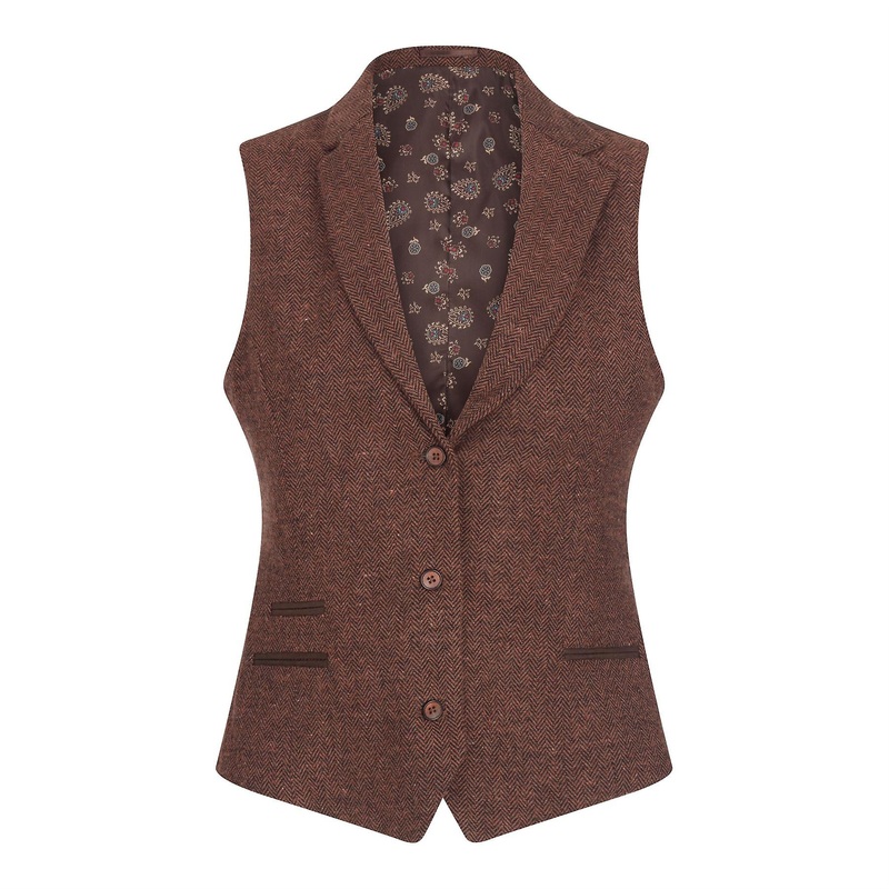 Women Waistcoat Tweed Herringbone Wool Classic Smart Casual Vintage