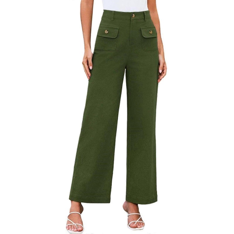Women’s Trousers Black 38 Wide Leg, Straight Leg, Elastic  Waist, Casual Trousers with Pockets, Black Trousers Women’s 46 48 Green XL