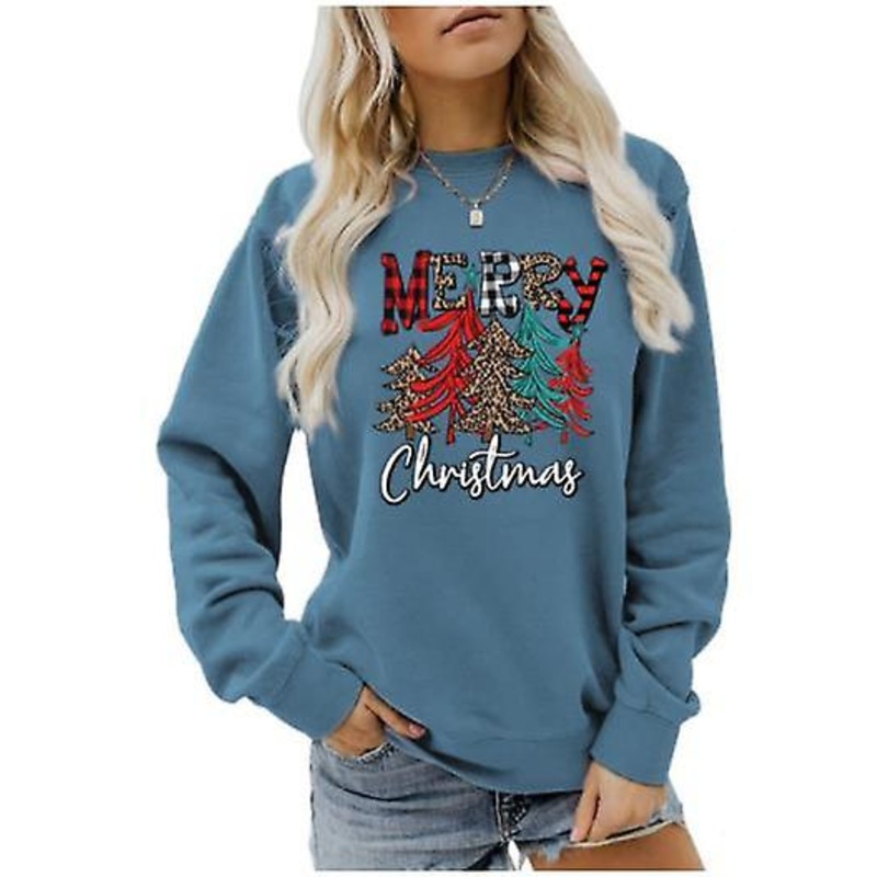 Women’s Sweatshirt Autumn And Winter New Arrival Christmas Loose Long-sleeved Women’s Fashion Merry Christmas Christmas Tree Print Casual Round Neck T