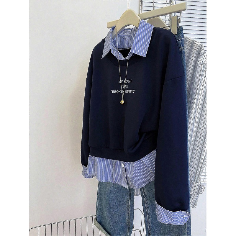 Women’s Casual Striped Patchwork Slogan Embroidery Sweatshirt, Autumn