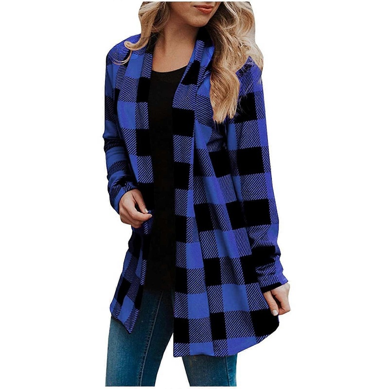 Women’s Checked Shirt Jacket with Hood Pockets Long Sleeve Overshirt Blue