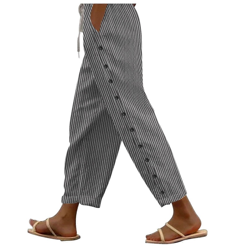 7/8 Summer Pants Women Striped Lightweight  Waist Casual Pants A02 Gray XXL