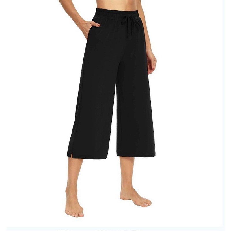 Women’s Casual Solid Color Black Drawstring Sweatshirt and 7/10 Pants Set, XXL Size, Comfortable Lounge Wear