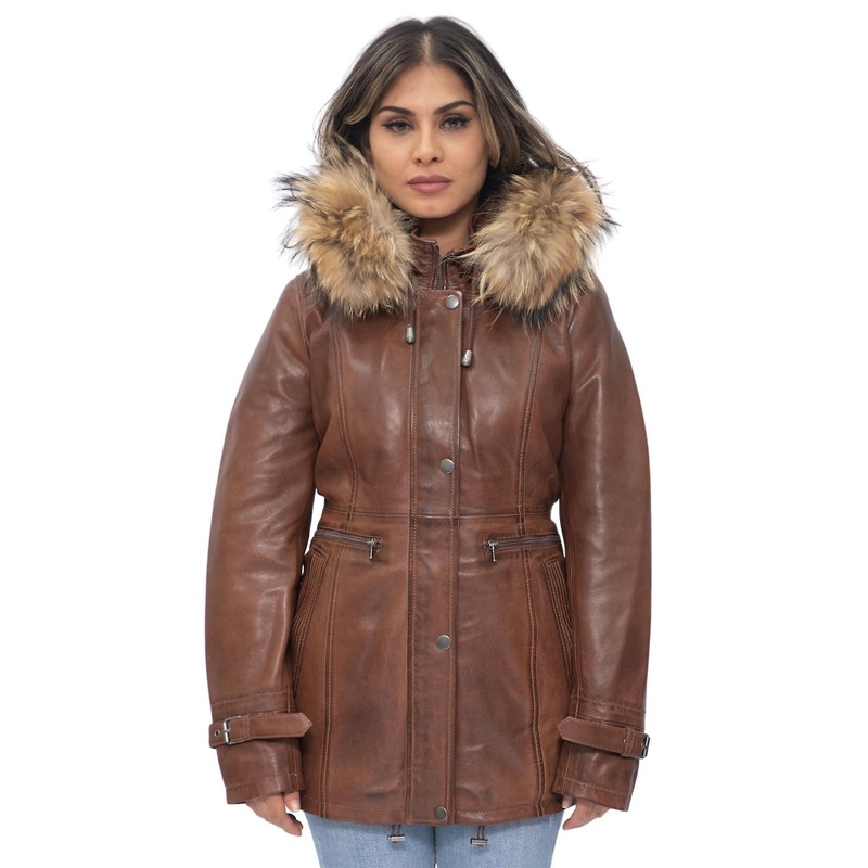 Womens Tan Leather  Mid Length Hooded Parka Jacket