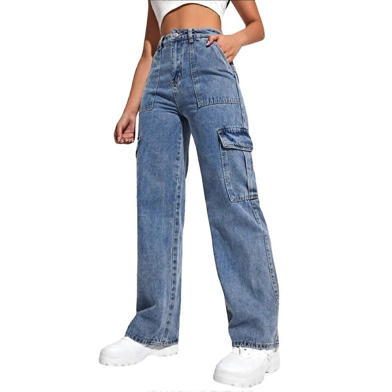 Damen Baggy Jeans  WaistWide Leg Loose Fit with Pockets Y2K Denim Casual Pants Blue M