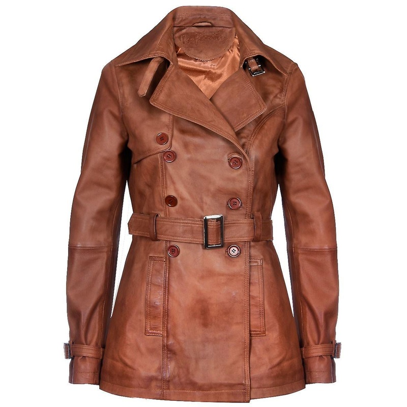 Womens Tan Brown Nappa Leather Trench Coat-Mosul