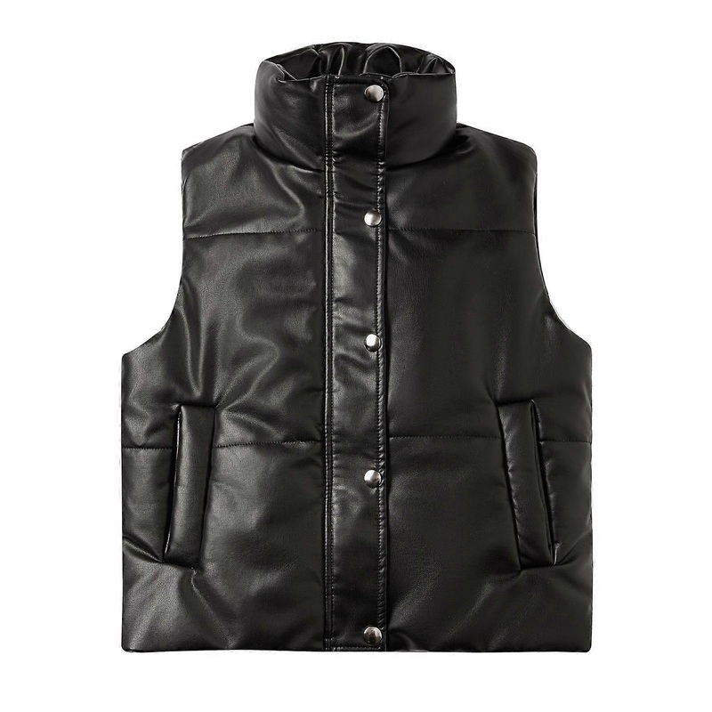 Autumn and winter women’s leather vest, sleeveless padded zipper vest, fashionable stand collar