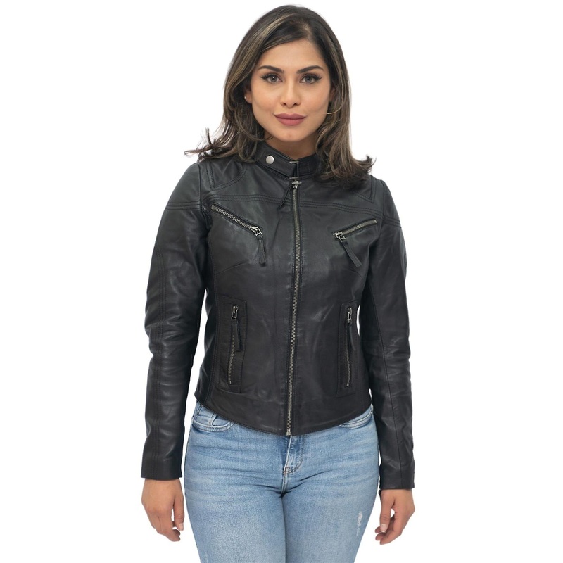 Womens Black Casual Slim-Fit Leather Biker Jacket