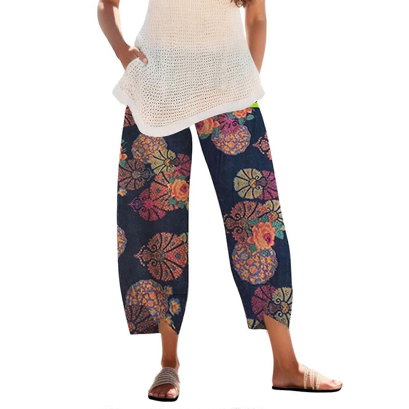 Summer Pants Women Light Capri Oversize 7/8 Loose  Waist Wide Airy Casual B02black01 XL