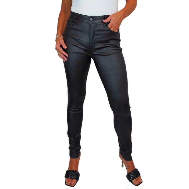 icecoolfashion Women’s High Waist Stretch Leather Look Jeans Wet Look