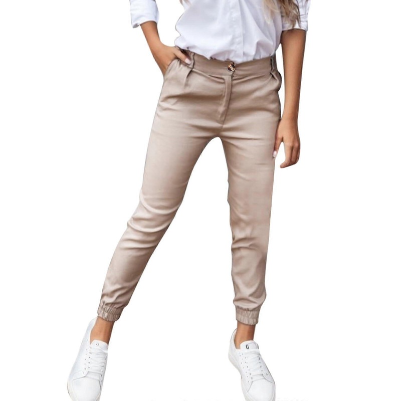Stretch Hose Women’s PullOn Pants   Waist with Pockets Summer Casual Black Slim Fit Cotton Large Size Dress Pants A02khaki L