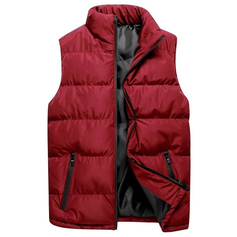 Men’s Quilted Vest Stand-Up Collar Zip Front Water-Repellent Sleeveless Outdoor Jacket Wine Red 5XL