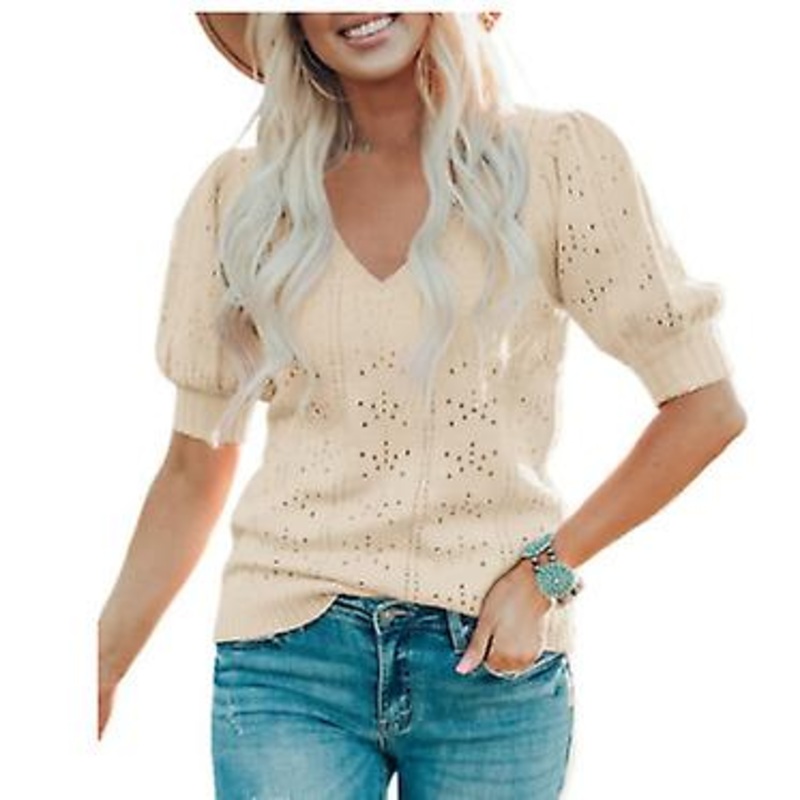 2023 Women’s Summer Cut-out Solid Color Short Sleeve Sweater Bubble Sleeve V-neck Knitted Pullover Sweater For Ladies