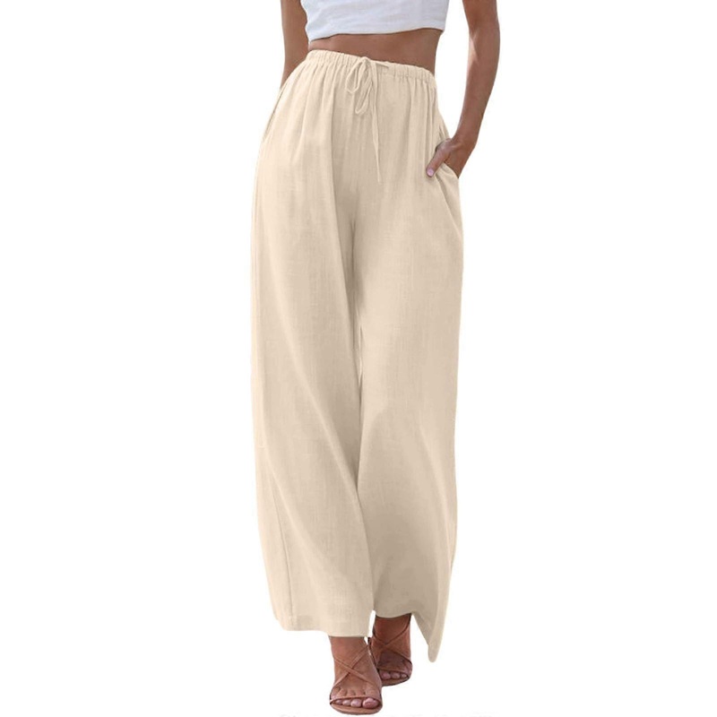 Sommerhose Womens Lightweight Linen Pants, Wide-Leg 7/8 Jogger, Beige Solid, XXL, Casual Loose-Fit Sport Pants