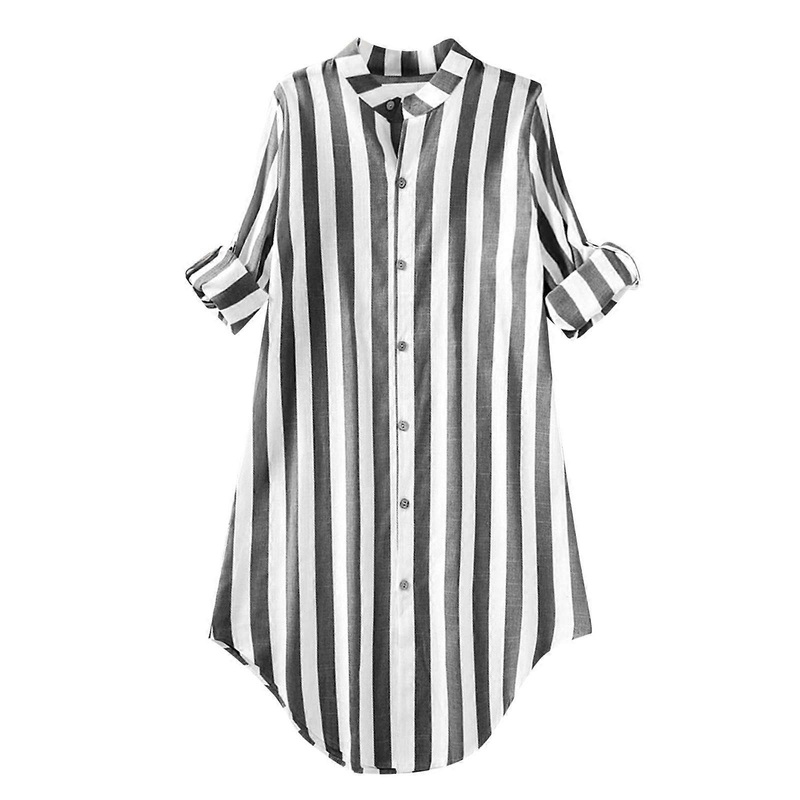 Women’s Blouse Striped Button-Front Loose Fit Long Sleeve Pocket Plus Size Black Soft Breathable Fabric Size L