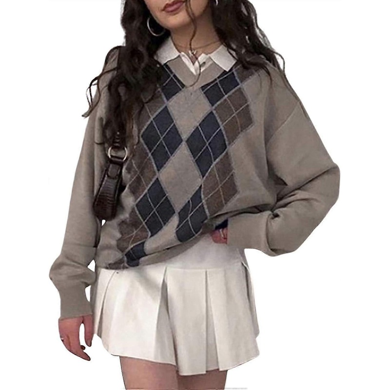 Women’s Old Street Plaid Sweater Pullover$long Sleeve College Style Autumn/winter Sweater Top$ Women’s College Style Diamond Check V-neck Loose Casual