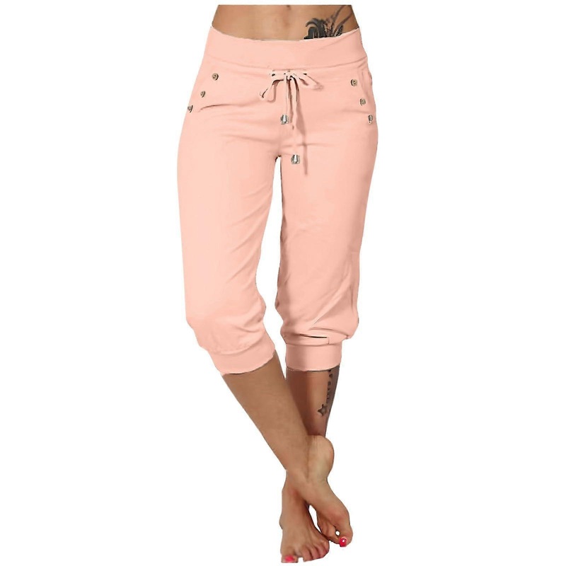 Women’s Yoga Pants With Pockets, Elastic Waist, 3/4 Length Trousers, Solid Casual Sportswear, Size 36 or XL, Black, Pink