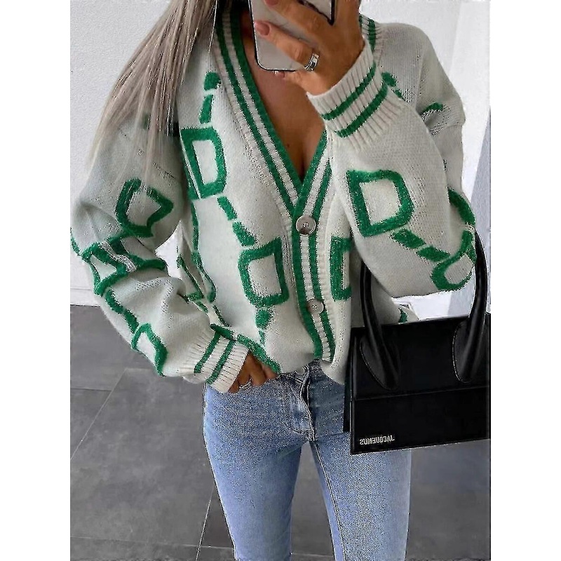 2023 Autumn Winter Knitted Cardigan Fashion Women Long Sleeve Loose V-neck Sweater Thick Warm Female Green Casual Print Cardigan – Ya