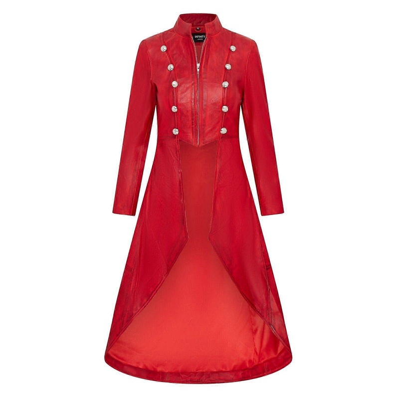 Womens Edwardian Goth Red Full Length Leather Coat