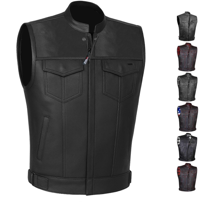 SOA Men’s Leather Motorcycle Concealed Gun Pockets Biker Club Vest with Armor, black Ref: 8730