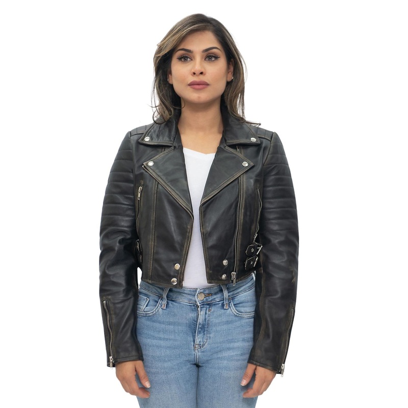 Womens Vintage Black Cropped Brando Leather Biker Jacket