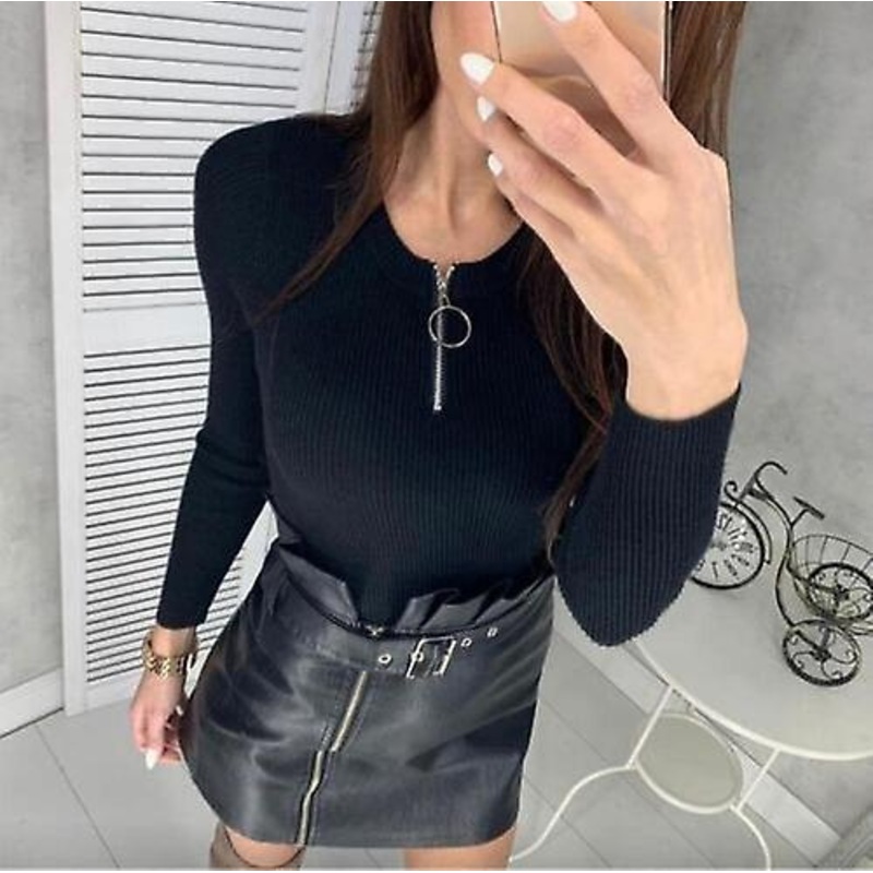 Women Zipper Neck Knitted Jumper Blouse Ladies Slim Fit Long Sleeve Tops T Shirt