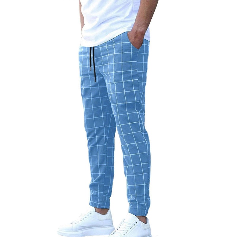 Checked Trousers Men’s Suit Trousers Slim Fit Fabric Trousers Lightweight Stretch Plaid With Drawstring Skinny Blue 3XL