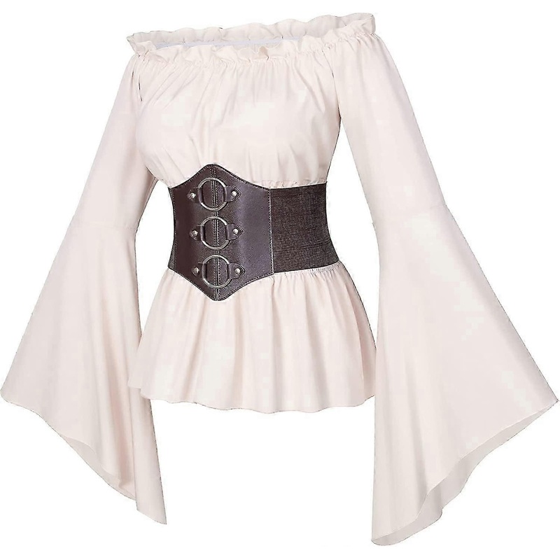 Womens Renaissance Victorian Peasant Ruffle Smocked Waist Boho Pirate Shirt Blouse With Belt Set