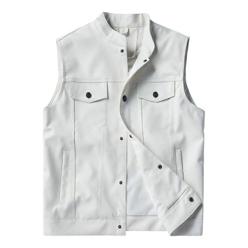 Classic men’s leather vest with multiple pockets, solid color, sleeveless,  jacket, riding, biker vest, white, size S.