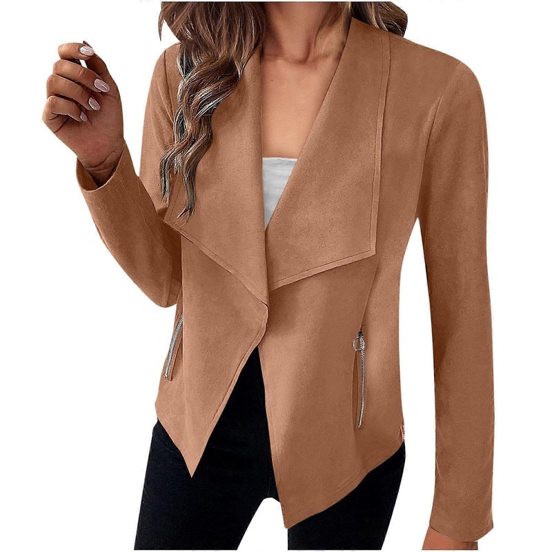 Women’s and Winter Casual Fashion Simple Solid Color Lapel Suit Zip Pocket Long Sleeve Casual Jacket Coat Women’s English M Khaki