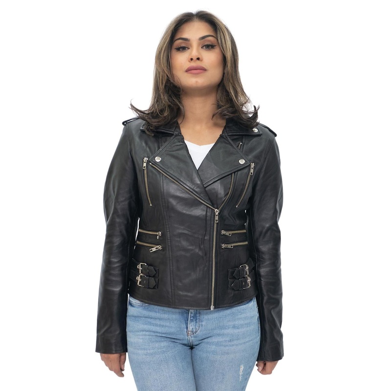 Womens Black Classic Leather Brando Vintage Biker Jacket