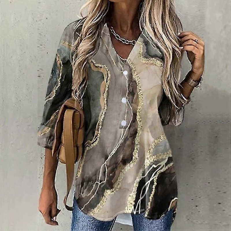 Women’s Blouse Shirt Khaki Flower Button Print Long Sleeve Daily Weekend Streetwear Casual V Neck Regular S / 3d Print
