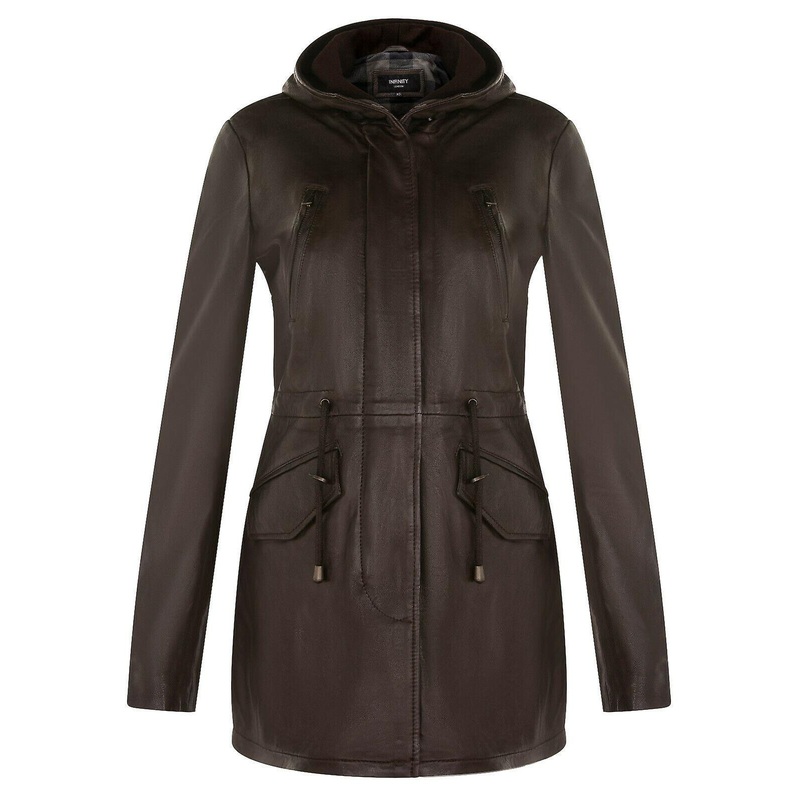 Women’s Brown Leather Parka Jacket Hooded Multi-Pocket Trench Coat