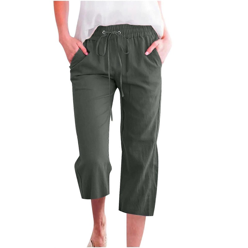 Women’s Summer Cotton Wide Leg 3/4 Casual Beach Pants with Pockets A07 Army Green 3XL