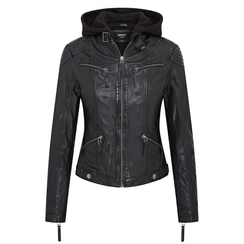 Womens Black Biker Leather Hooded Jacket