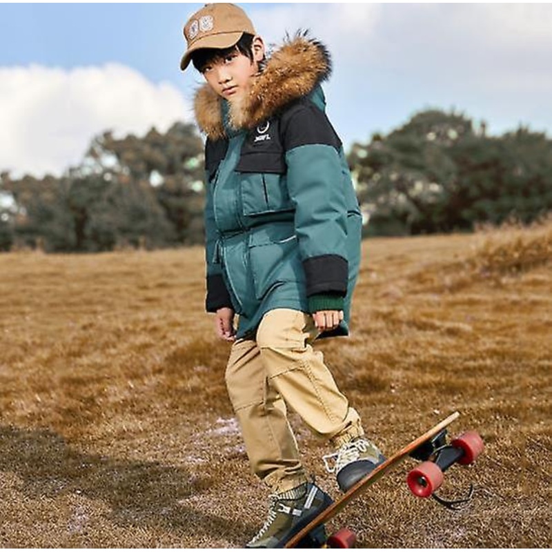 2022 New Arrival Children’s Down Jacket Boy’s Mid-length Thickened Coat With Fur Collar, Youth Fashion Color Matching Hooded Down Coat