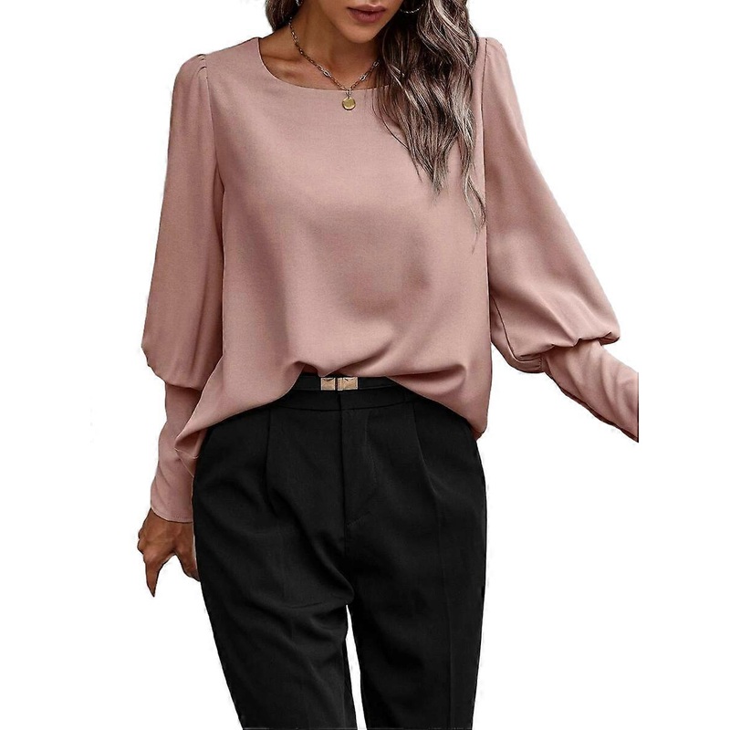 Women Blouses Long Lantern Sleeve O Neck Button Tops Loose Shirts Solid Pink Color