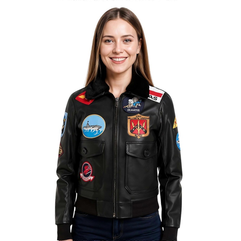 Women’s Black Top Gun Tom Cruise Sheepskin Collar Pete Maverick A2 Bomber Leather Jacket