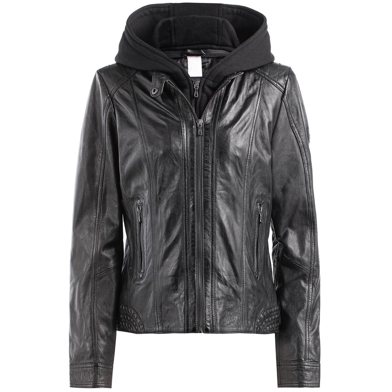 Women’s leather jacket made of genuine leather in a classic design with stand-up collar, zipper pockets, removable hood