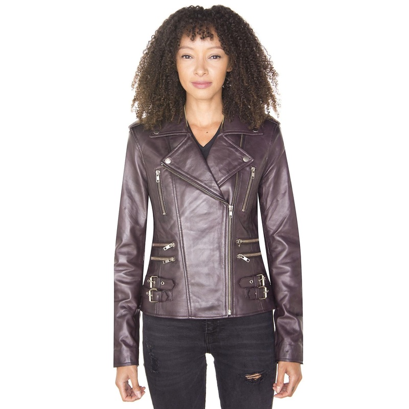 Womens Purple Classic Leather Vintage Brando Biker Jacket