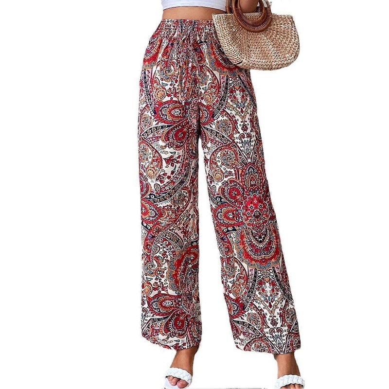 Floral Print Wide Leg Pants Casual Shirred Waist Pants For Spring & Fall Women’s Boho Trousers Red