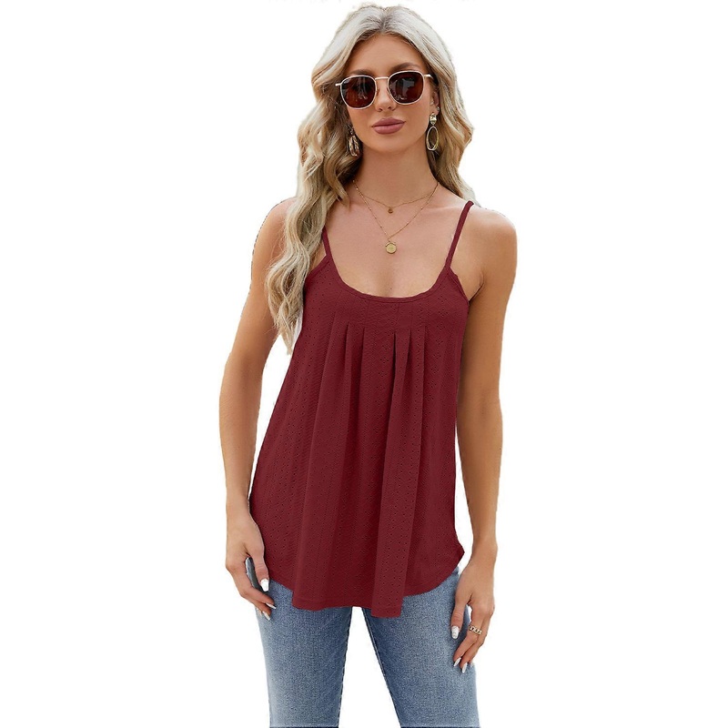 Womens Tank Tops Vest Ladies Sleeveless Casual Plain Summer Cami Pleated T-Shirt Burgundy
