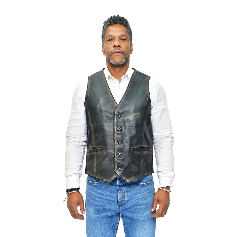 Mens Vintage Black Leather Waistcoat Formal Traditional Gilet Vest
