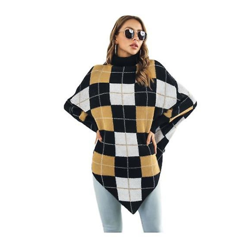 Women’s Knitted Sweater Plaid Jacquard Cape Sweater Coat Women Autumn And Winter Mid-length High Collar Bat Sleeves Loose Long Sleeves