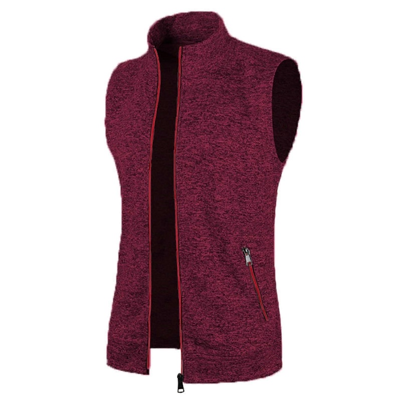 Stand-Up Collar Knitted Vest Mens Lightweight Fleece Sweater Zip Sleeveless Fishing Jacket Wine Red Outdoor Apparel