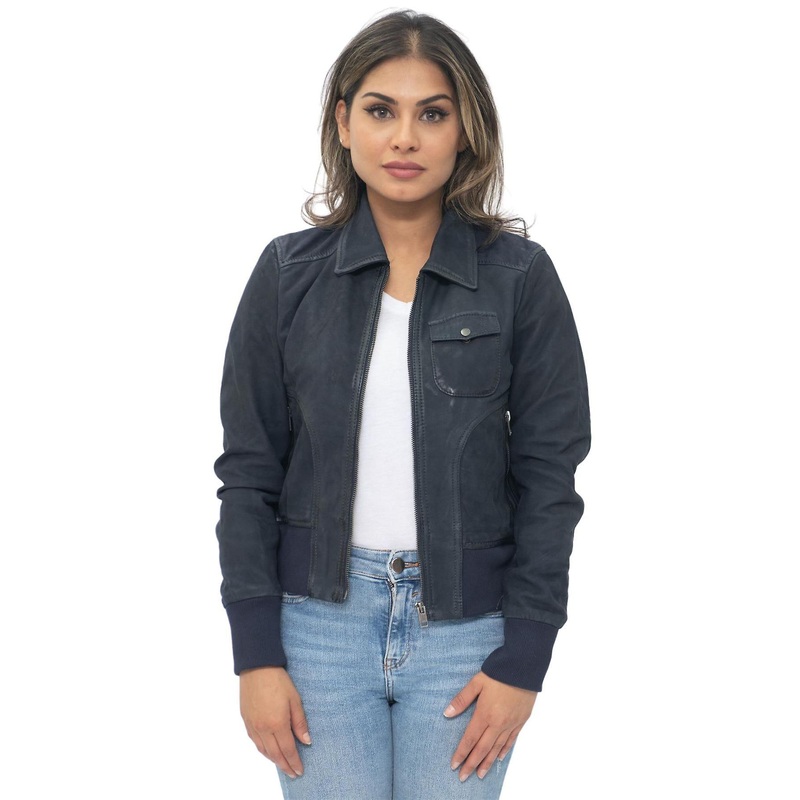 Womens Navy Classic Leather MA-1 Varsity Jacket