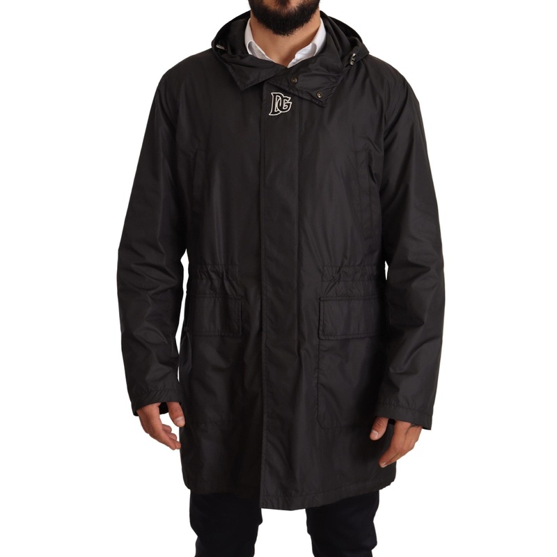 Black Hooded Mens Trench Coat Jacket